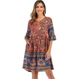 Boho Vintage Red Floral Print Ruffle Sleeve Casual Tunic Dress With Pockets Sz S